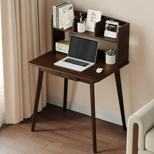IOTXY Small Writing Desk with Hutch - 31.5" Work Computer Study Table | Black Walnut, Storage Drawer, Space-saving for Home and Office, with Bookshelves by IOTXY