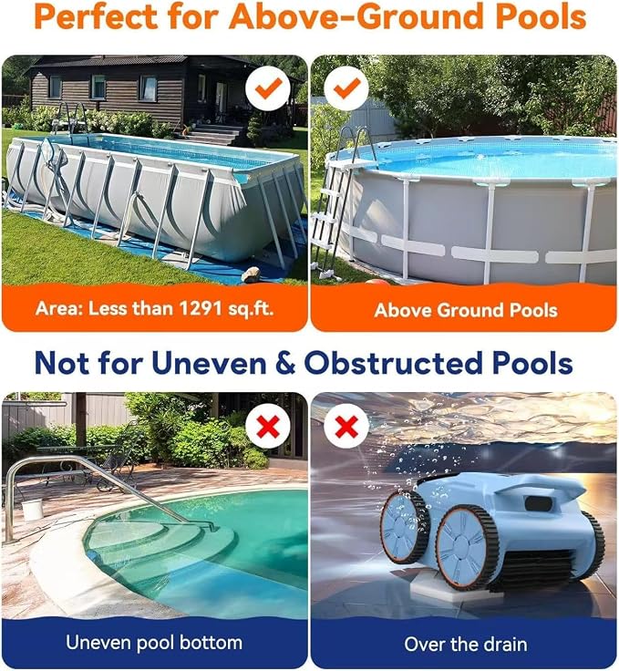 Cordless Robotic Pool Cleaner, 180 Mins Runtime Self-Parking Pool Vacuum for Above Ground Pools, Wall Climbing Automatic Pool Robot - NOT Suitable for Pools with Sharp Steps/Raised Drains - Image 5