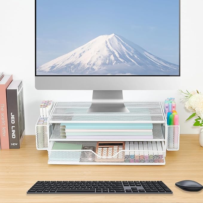AUPSEN Computer Monitor Stands Riser，2-Tier Desk Organizers and Accessories, Office Desk Accessories Organizer with Drawers and 2 Pen Holder for Office Supplies (White) - Image 5