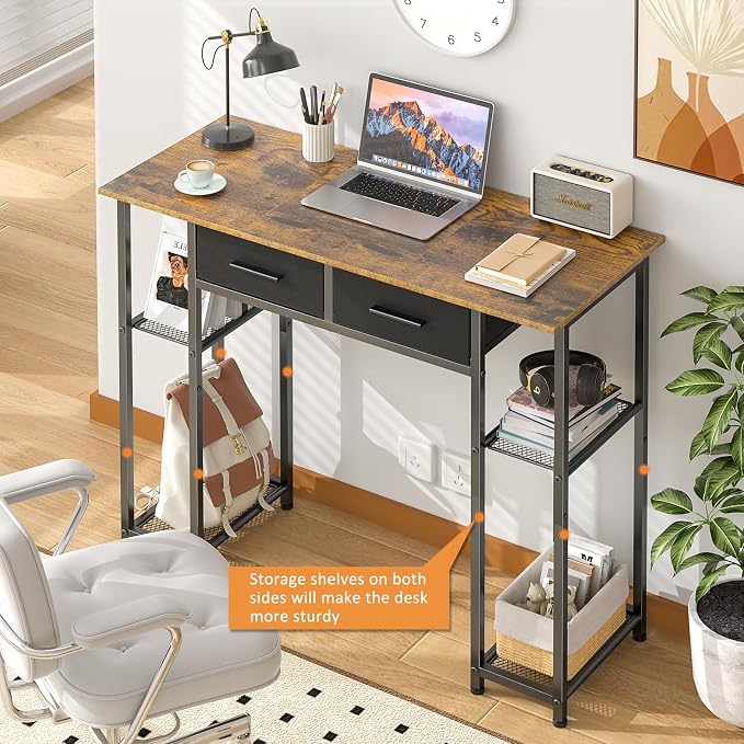 DAOUTIME Computer Desk with Drawers, 37.3 Inch Home Office Work Desk with Storage Shelf, Kids Teens Study Table for Small Space, Small Writing PC Table for Bedroom Makeup Vanity Desk, Brown - Image 7