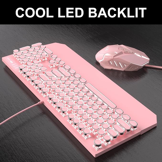 Retro Pink Typewriter-Style Keyboard and Mouse Combo, Cute Light Up Wired Mechanical Keyboard with Linear Red Switches, Full Size for Gaming, Work, Mac, PC, Windows - Image 3