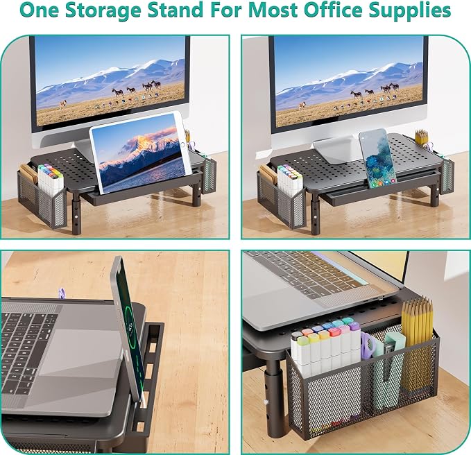 WALI Computer Monitor Stand with Storage, Desk Organizer with Drawer and Pen Holder, Desk Monitor Riser 3 Height Adjustable, Laptop Riser for Computer, Laptop, Printer (STT003DH-B), 1 Pack, Black - Image 4