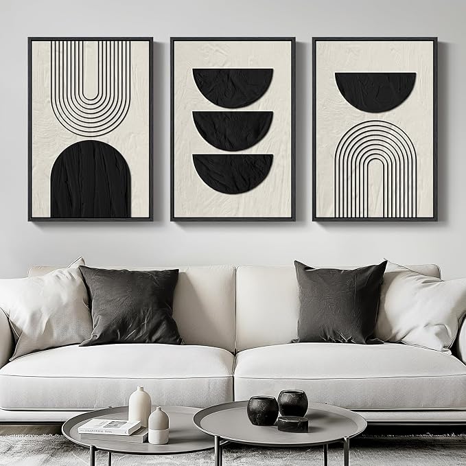Large Framed Neutral Black and Beige Wall Art, 3 Piece Modern Canvas Prints Paintings Artwork for Walls, Minimalist Boho Geometric Pictures Wall Decor for Living Room Bedroom Home Office 20x30 In - Image 2