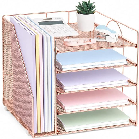 LEKETREE Desk Organizers and Accessories, 5-Tier Paper Letter Tray Organizer with File Holder, Desktop Organizer for Office Supplies (Rose Gold) by Stylishworkspaceeffortlessorganization