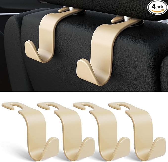 Amooca 4-Pack Car Headrest Hooks –Holds 55lbs Vehicle Storage Organizer for Purses Handbags Groceries Coats 360° Rotating Simple Design Beige by Amooca