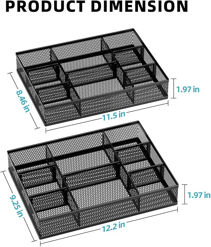 Marbrasse 2 Pack Desk Drawer Organizer, Mesh Drawer Organizer Tray with 8 Adjustable Compartments, Desk Organizers and Accessories, 5 Dividers Drawer for Office Supplies, Makeup & Vanity (Black) - Image 5