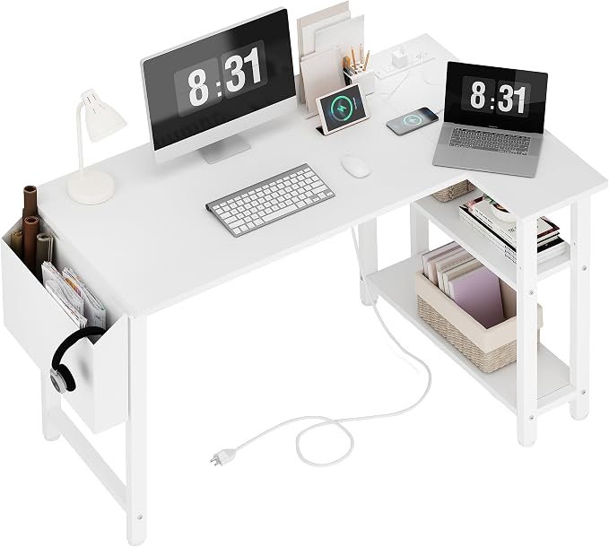 Lufeiya White L Shaped Computer Desk with Power Outlet Shelves, 40 Inch Small Reversible Corner Desk for Small Space Home Office, L-Shaped Desk PC Desks, White by LUFEIYA