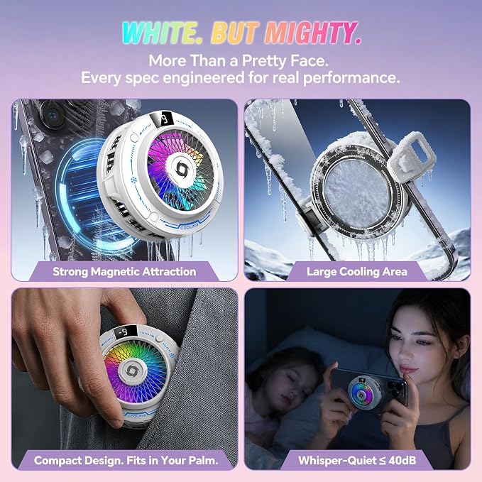 USB Phone Cooler White, Suction Airflow Design Hot Air Not Blowing Hands, Semiconductor Cooling Fan, Magnetic & Clip-On, Large Cooling Plate, 3 Gears, RGB Switchable for iPhone Android - White - Image 6