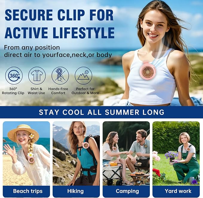 Wearable Waist Fan Rechargeable, 360° Rotating Clip-On Personal Fan 5-Speed Bladeless Portable Cooling Fan for Shirt, Outdoor Work, Construction, Camping, Gardening,Office, Travel Essentials Cute Pink - Image 7