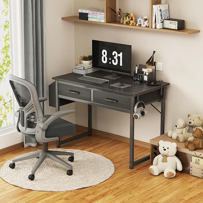 DLisiting Small Desk with Fabric Drawers for Bedroom, 32 Inch Gaming Desk with 2 Drawers for Small Space, Study Writing Table PC Desks, Black - Image 2