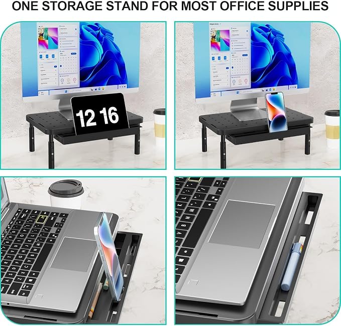 WALI Computer Monitor Stand with Storage, Desk Monitor Riser 3 Height Adjustable, Laptop Riser with Airflow Vents, Desk Organizer for Computer, Laptop, Printer (PTT002-B), 1 Pack, Black - Image 5