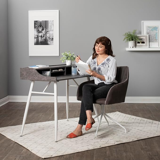 Calico Designs Woodford 45” Wide Modern, Secretary, Writing, Desk with Low Storage Hutch and Whtie Metal Tapered Legs in Marbled Dark Grey, White - Image 2