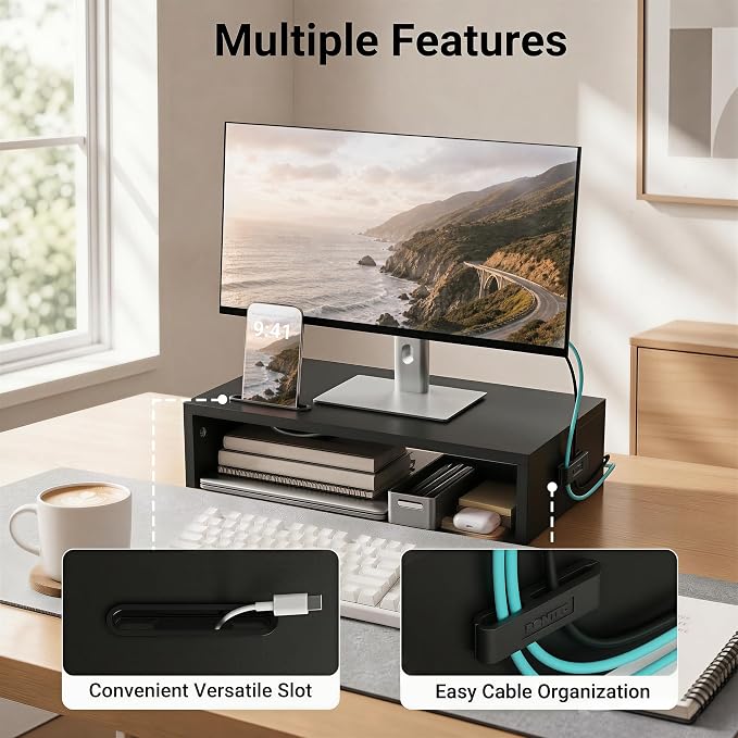 1home Monitor Stand Riser, 16.7 Inch Wood Monitor Riser Stand with Storage Organizer, Desktop Ergonomic Monitor Stand Riser with Cellphone Holder and Cable Management, Black | 16.7 Inch Wood Monitor Riser Stand, Desktop Stand for PC/TV/Laptop/Printer, ... - Image 3