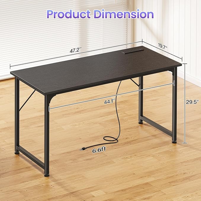 PRAISUN 47 X 20 Inch Computer Desk, Power Outlets, USB-C, Black | Office Desk with 4 AC Outlets, USB & USB-C, Sturdy Metal Frame, Spacious Desktop for Work, Writing, Study & Gaming - Image 3