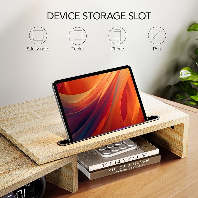 AMERIERGO Dual Monitor Stand Riser- 3 Shelf Screen Stand with Adjustable Length and Angle, 2 Extra Functional Slot Desktop Organizer Stand for PC, Computer, Laptop (Light Wood) - Image 5