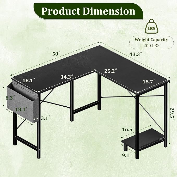 Alpen L Shaped Gaming Desk, Small Computer Desk, 50 Inch Wide Corner Desk, Work from Home Desk, Study Table for Bedrooms, PC Writing Table with Storage and Reversible Shelf, Classic Black - Image 3