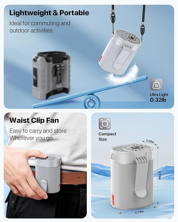 2026 AI Portable Fan Rechargeable-4 Speeds Personal Waist Fan, 6600RPM Strong Airflow Hands-Free Hanging Neck Fan for Camping Outdoor, Grey - Image 3