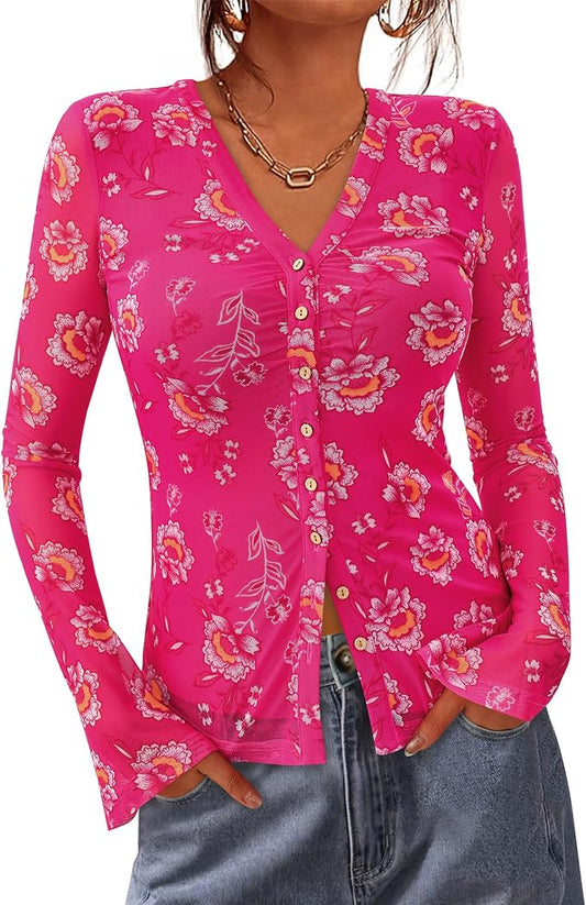 BTFBM Button Down Shirts for Women 2026 Fall Boho Tops V Neck Long Sleeve Blouses Ruched Mesh Fitted Fashion Clothing by BTFBM