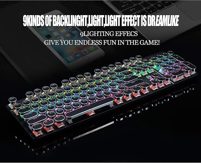 YSCP Typewriter Style Mechanical Gaming Keyboard Rainbow Backlit Wired with Blue Switch Retro Round Keycap 104 Keys Keyboard (L-Black) - Image 3