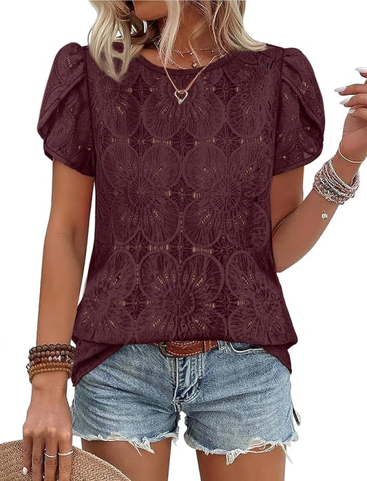 OFEEFAN Blouses for Women Dressy Casual Petal Short Sleeve Shirts Crochet Lace Boho Tops Spring Fashion Summer Outfits by OFEEFAN