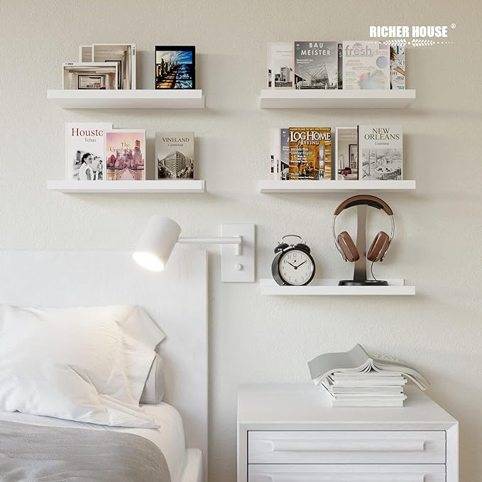 RICHER HOUSE 5-Set Floating Shelves with Lip, White Wall Mounted Wood Shelf | Display Picture Ledge Shelf, Anti-drop lip Shelf for Room Wall Decor, Bedroom Bathroom Storage Nursery Books, Easy Setup 16in - Image 5