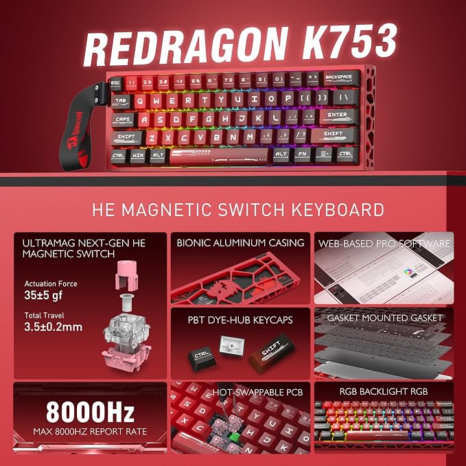 Redragon K753 HE Rapid Trigger Gaming Keyboard, 60% 61 Keys Wired Mechanical Keyboard w/Hype-Red Hollowed-Out Aluminum Base, Next-Gen UltraMag 100% POM Silky Rappid Trigger Magnetic Switch - Image 2