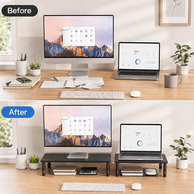 OPNICE Desk Organizers and Accessories, Adjustable Computer Monitor Stand Riser, Laptop Stand for Desk, Office Desk Accessories & Workspace Organizers for Home Office, Black Wood - Image 3