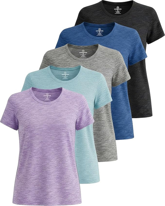 5 Pack Women's Dry Fit Short Sleeve Athletic Gym Workout Running Tops | Available in Plus Size, Exercise, Sports, Fitness, Quick Dry, Cooling, Moisture Wicking, Loose Basic Tees, Yoga, Pilates by RealEssentials