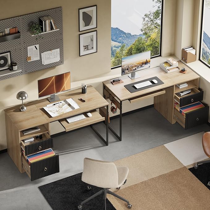 Bestier 55 Inch Office Desk with Fluted Panel & Keyboard Tray, Natural Oak | 55 X 22 In Work Surface, File Drawer, Reversible Pedestal, Fluted Panels And Keyboard Tray For Home Office Storage. - Image 8