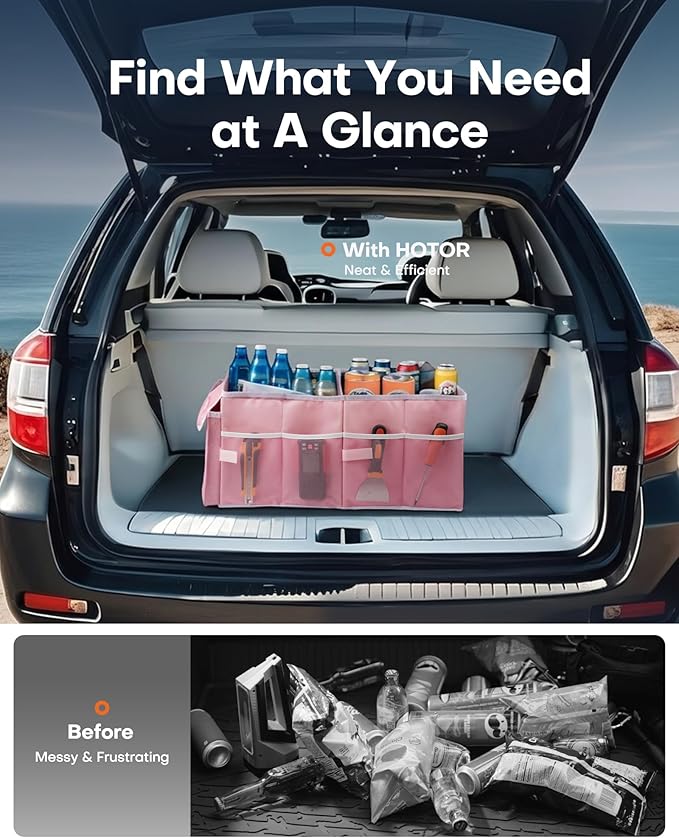 HOTOR Trunk Organizer for Car - Car Organizer, Foldable Trunk organizer for SUVs & Sedans, Sturdy Organization for Car Accessories, Tools, Sundries, Pink, 2 Compartments, 21.3"×12.6"×10.6" - Image 6