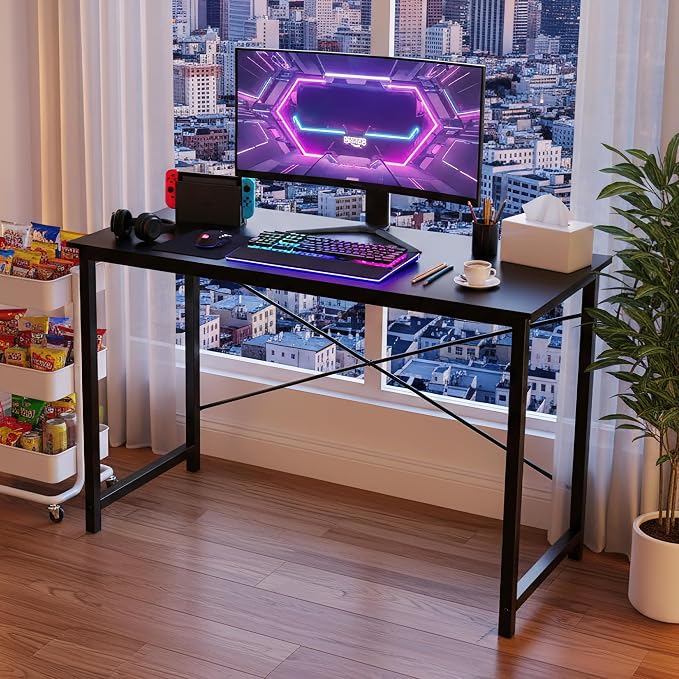 OLIXIS 47 Inch Computer Office Desk for Small Spaces, Writing Gaming Work Desk Modern Study Table with Storage Bag & Headphone Hook Home Bedroom, Black | Computer Writing Workstation, Strong Metal Frame, Small Spaces Home Bedroom Dorm, Black - Image 2