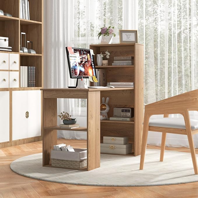 GRAFFY Computer Desk with 6 Storage Shelves - 48" Reversible Writing Desk Workstation with Bookshelf and CPU Stand, Modern Compact Office Desk for Bedroom, Study, Home, Office (Natural) - Image 9