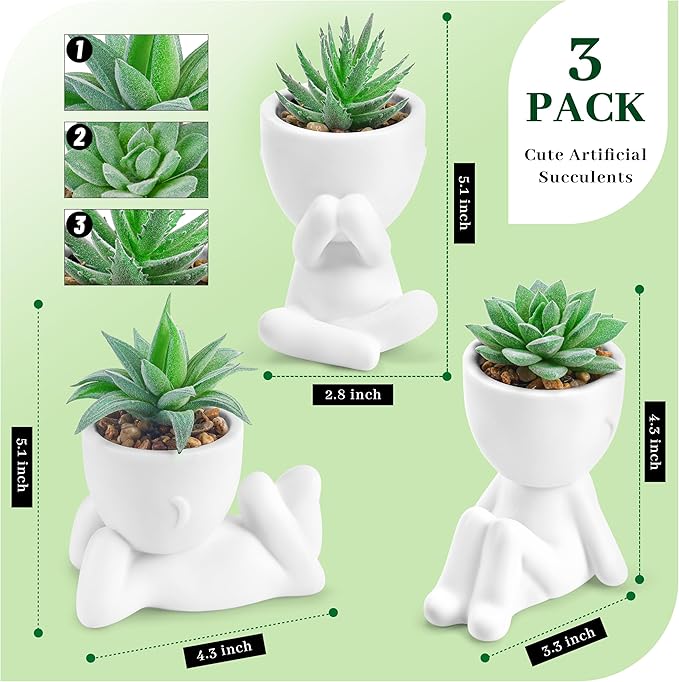 Der Rose 3pcs Fake Succulents Plants Artificial for Bathroom Bedroom Home Room Decor Aesthetic Indoor - Image 2