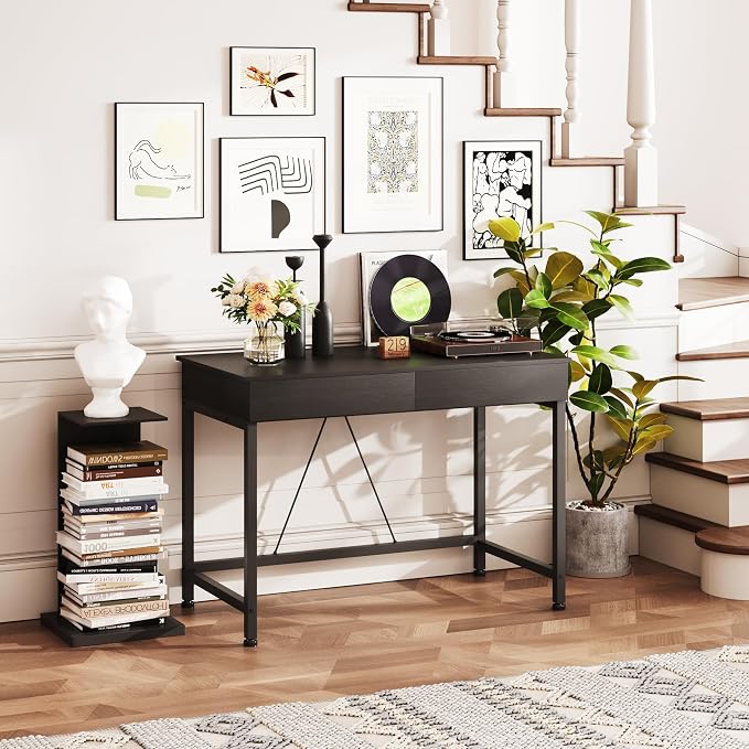 Mexin Small Black Desk with 2 Wooden Drawers, 40 Inch Home Office Writing Desk, Black Vanity Desk with Storage, Computer Desk for Bedroom Small Spaces, Table for Office, Work, Kids Study, Makeup - Image 7