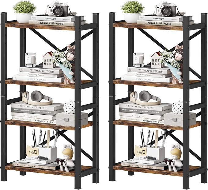 2-Pack Desktop Bookshelf, 4-Tier Stackable Narrow Bookcase, Adjustable Industrial Desk Organizer & Hutch - Rustic Brown Wood Desktop Book Organizer for Living Room, Bedroom & Home Office by Homeiju