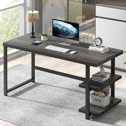 FOLUBAN Home Office Desk, Modern Computer Desk with Storage Shelf, Wood Study Writing Gaming Table for Bedroom Living Room, Industrial Dark Gray, 53 Inch by FOLUBAN