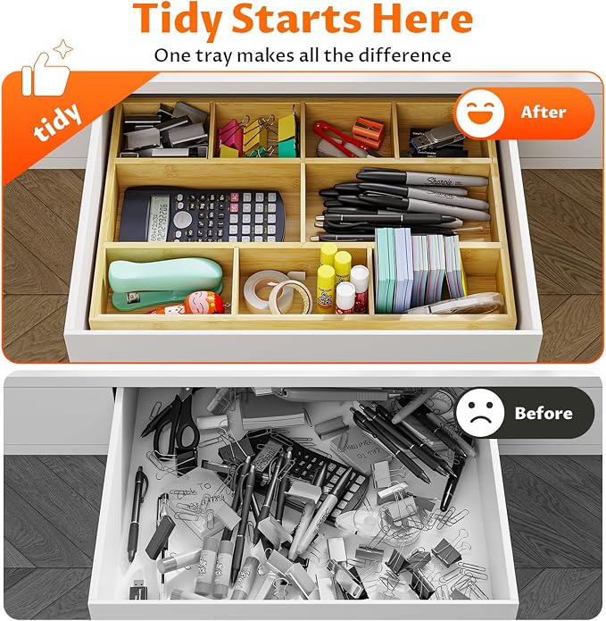 Bamboo Drawer Organizer with 9 Adjustable Compartments, Office Desk Organization Tray for Office Utensils, Supplies, Makeup, Jewelry, and More – Ideal for Desk or Drawer Storage - Image 6