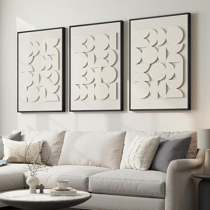 Large 3D Textured Framed Abstract Wall Art for Living Room, Set of 3 Modern White Paintings Artwork for Walls, Minimalist All White Geometric Pictures for Bedroom Hallway Office Wall Decor 24x36 In - Image 2