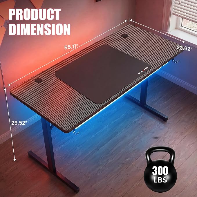 GTPLAYER Gaming Desk 55 Inch with LED Lights, Large Computer Desk with Mouse Pad for Home Office, T-Shaped Carbon Fibre Surface PC Game Workstations with Headphone Hook - Image 3