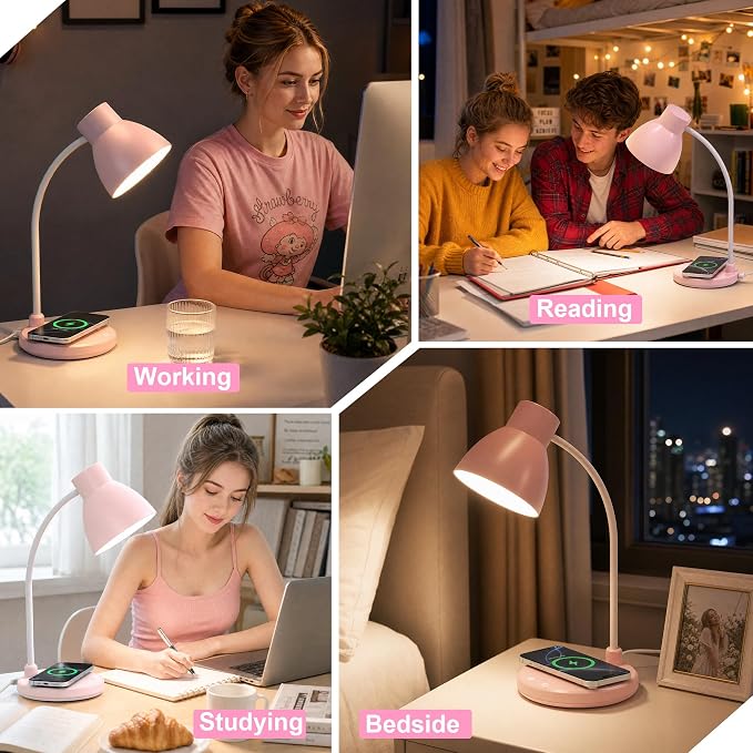 LED Desk Lamp for Home Office with Wireless Charger, Pink | 3 Color Modes Dimmable Eye-Caring Study Reading Dorm Desk Lamp, 360° Flexible Arm Table Lamp for College Dorm Room, 800 Lumen - Image 8