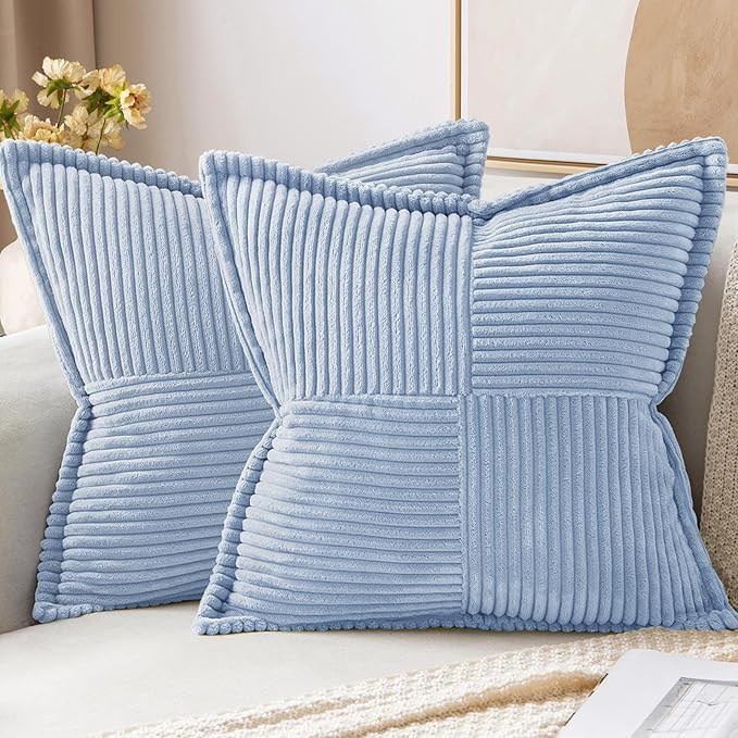 MIULEE Decorative Throw Pillow Covers for Couch Bed Livingroom 18x18 Inch Set of 2 Light Blue Boho Accent Throw Pllows Broadside Striped Patchwork Soft Corduroy Pillowcases by MIULEE