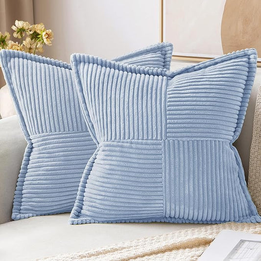 MIULEE Decorative Throw Pillow Covers for Couch Bed Livingroom 18x18 Inch Set of 2 Light Blue Boho Accent Throw Pllows Broadside Striped Patchwork Soft Corduroy Pillowcases by MIULEE