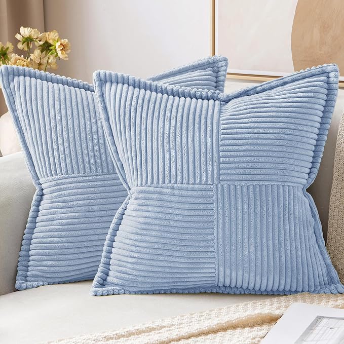 MIULEE Decorative Throw Pillow Covers for Couch Bed Livingroom 20x20 Inch Set of 2 Light Blue Boho Accent Throw Pllows Broadside Striped Patchwork Soft Corduroy Pillowcases by MIULEE