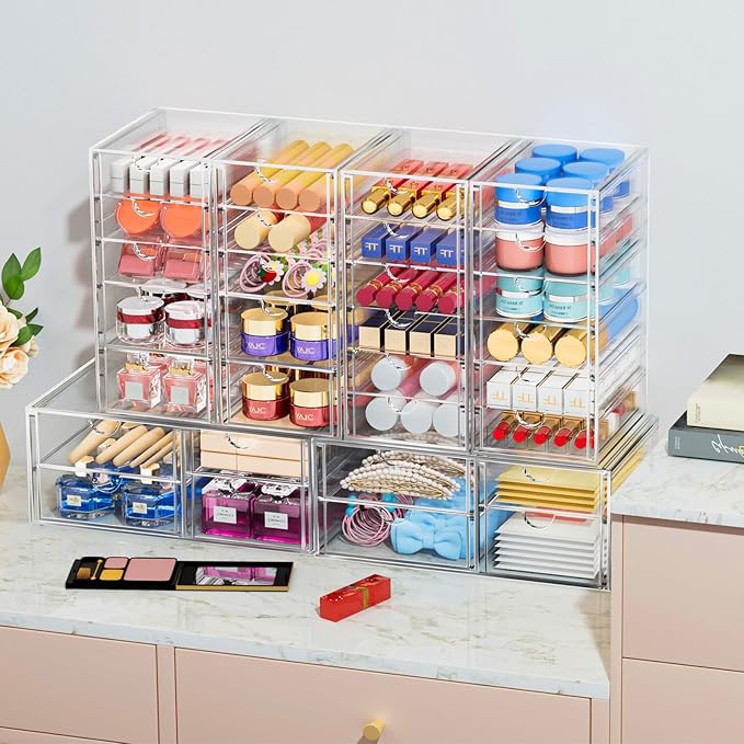 caktraie Acrylic 2-Pack 7-Drawer Makeup & Storage Organizer for Bath,Desk | Smooth-glide drawers, clear body, dustproof, wipe clean, for office supplies, pens, rings, earrings, tweezers, cotton swabs - Image 2