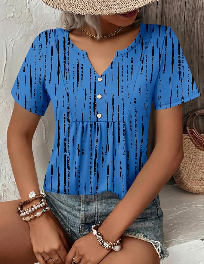 Zeagoo Womens Short Sleeve Tops Summer Henley V-Neck Tshirts Casual Pleated Blouse Dressy Loose Floral Basic Tee - Image 4