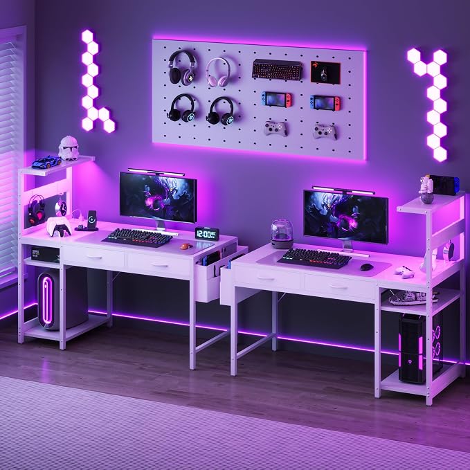 40 Inch Small Gaming Desk with Drawers & Led Lights & Storage Bag, White | Reversible Storage Shelf, Power Outlets, Wood Grain Gaming Table, Compact Computer Desk for Small Space, Bedroom, Home Office - Image 8