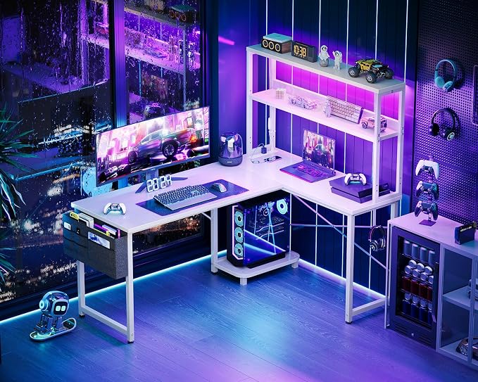 AODK L Shaped Desk Gaming Desk with LED Light & Power Outlet | 53 Inch White Reversible L Shaped Computer Table with Shelf, Corner Desk with Storage Bag&Hook for Home Office Desk - Image 2