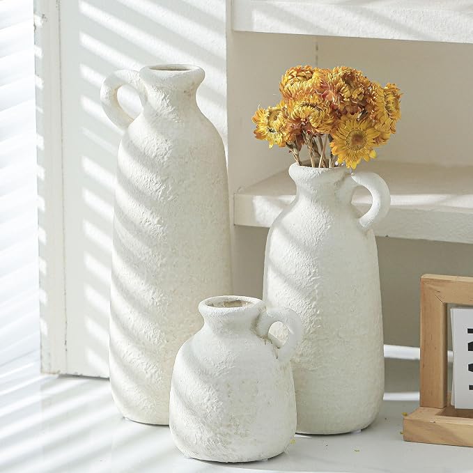 Ceramic Vase Set of 3 with Handle, Neutral Rustic Vases Home Decor Farmhouse Decorative Vase Whitewashed Pottery Decor Modern for Table Mantel Entryway Bookshelf Living Room Kitchen Bedroom - White - Image 6