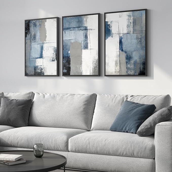 Framed Blue and Grey Abstract Wall Art, 3 Piece Modern Canvas Prints Paintings Artwork for Walls, Minimalist Abstract Block Pictures for Living Room Dining Room Lounge Bedroom Wall Decor 16x24 In by Cuspin