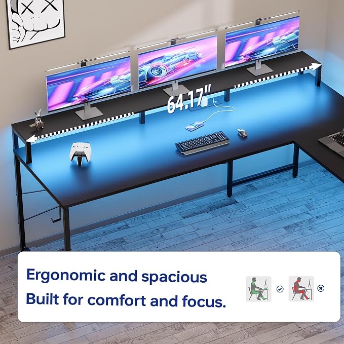 Pamray 64 Inch L Shaped Gaming Desk with Monitor Stand and Power Outlets | Large Corner Computer Desk With Pegboard & Led Lights USB Charging Ports for Home Office Study and Writing Bedroom and Dorms - Image 3